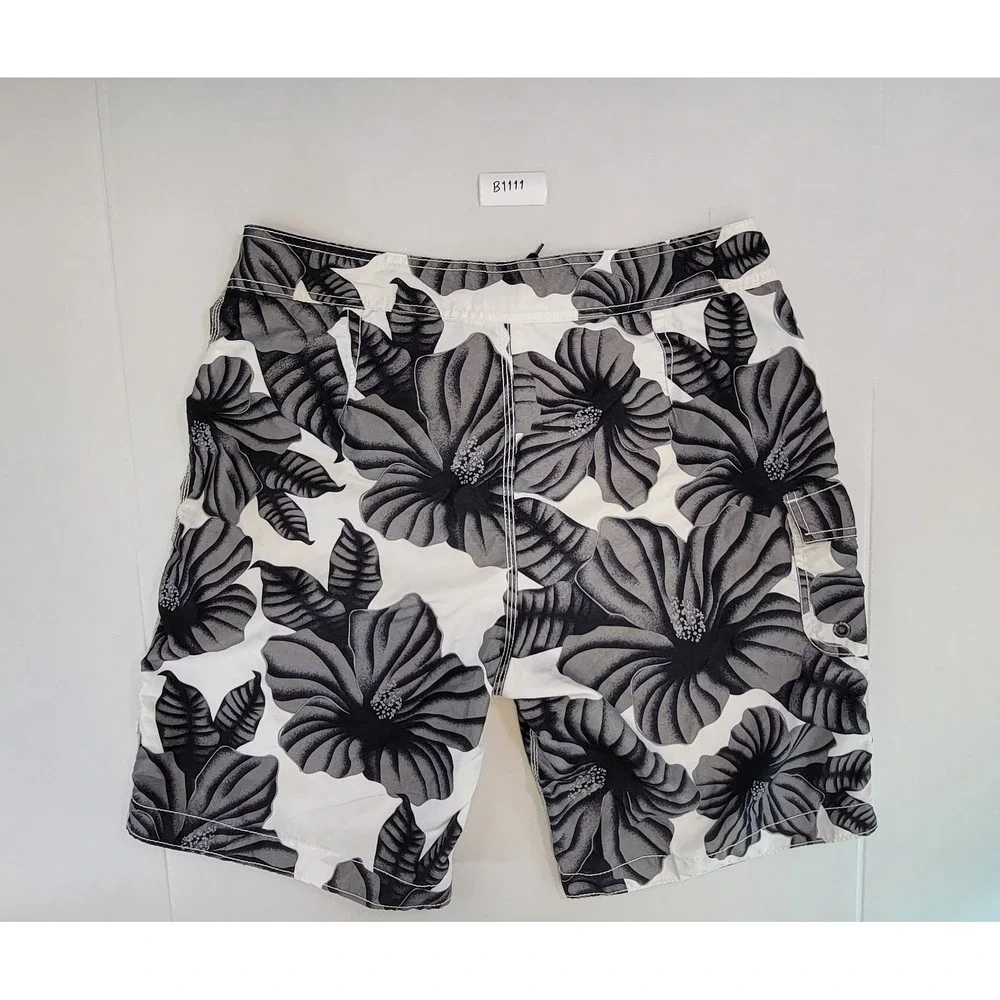 Old Navy Men's Floral Swim Trunks Board‎ Shorts Black White Hibiscus Size M